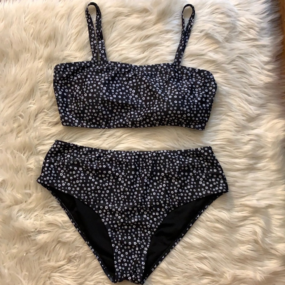 high-waisted black and white floral print bikini